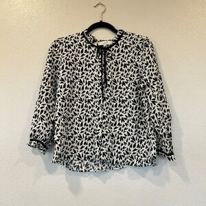 LOFT Petites Heart Print Ruffle Tie Neck Blouse Black White 3/4 Sleeve Women's M